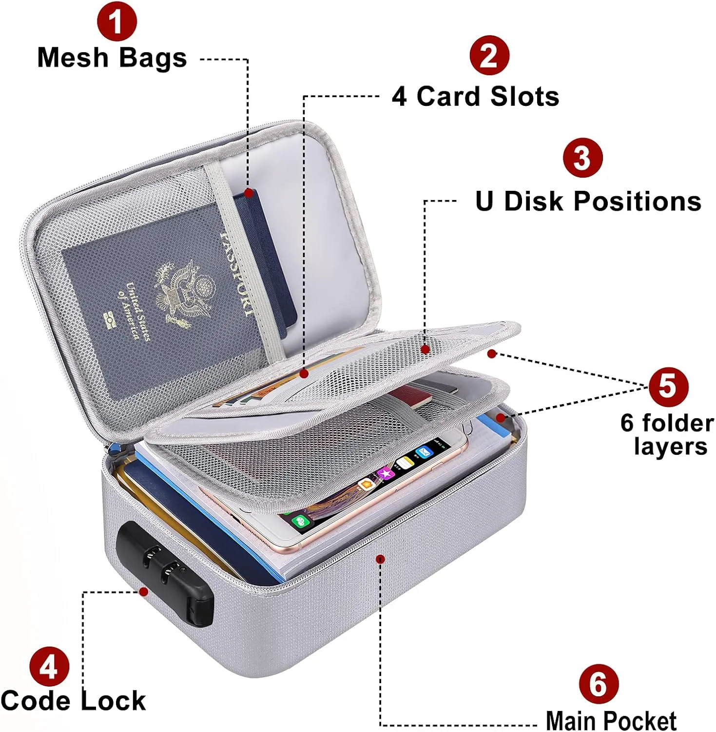 ENGPOW Small Fireproof Storage Organizer Case with Lock(9”x 5.3”x 3.7”), Soft Money Safe Coin Organizer Wallet Bag for Cash,Card,Passport,Check,Bill,Travel Home Organizer Carrying Case,Silver