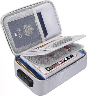 ENGPOW Small Fireproof Storage Organizer Case with Lock(9”x 5.3”x 3.7”), Soft Money Safe Coin Organizer Wallet Bag for Cash,Card,Passport,Check,Bill,Travel Home Organizer Carrying Case,Silver