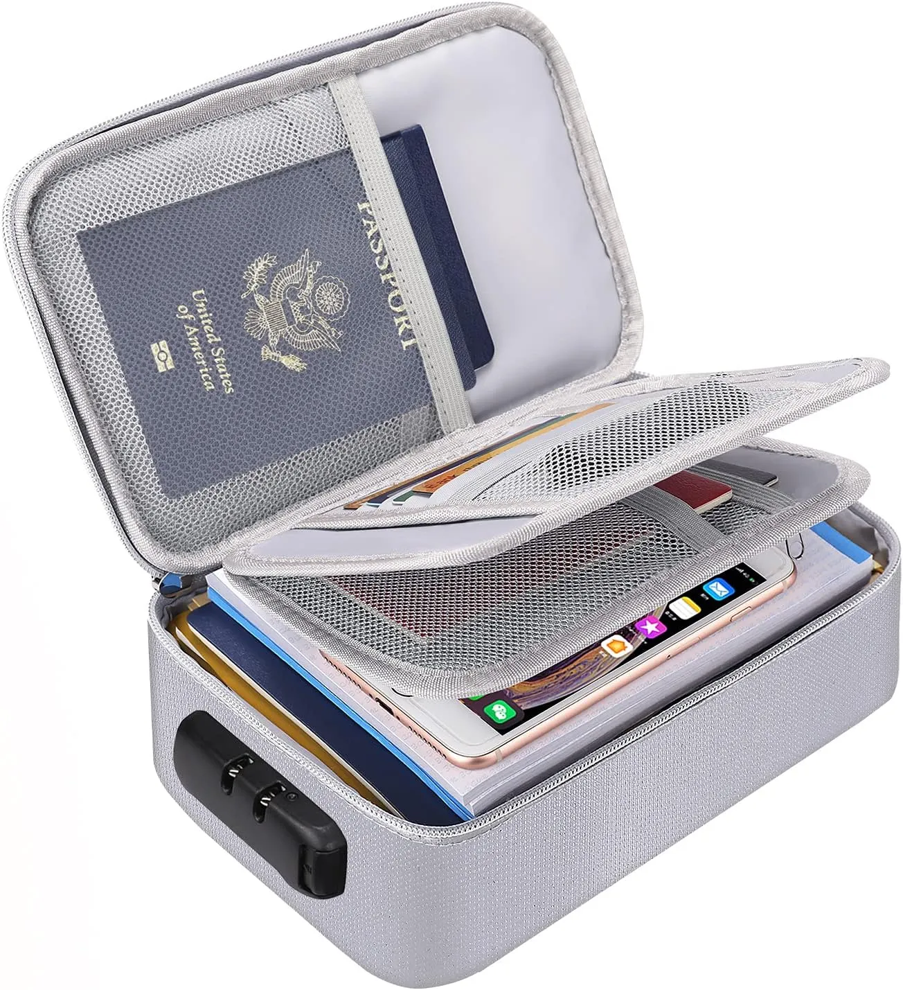 ENGPOW Small Fireproof Storage Organizer Case with Lock(9”x 5.3”x 3.7”), Soft Money Safe Coin Organizer Wallet Bag for Cash,Card,Passport,Check,Bill,Travel Home Organizer Carrying Case,Silver