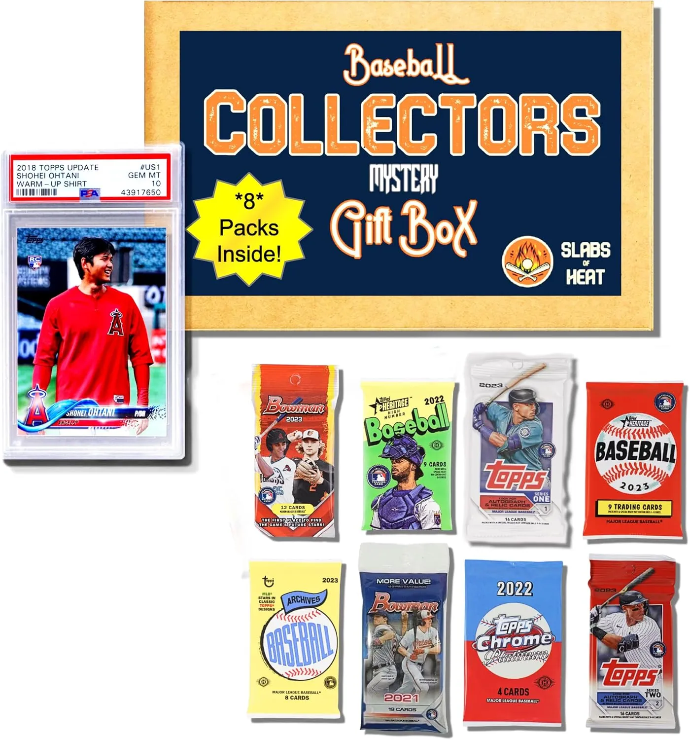 Epic Baseball Gift Box & Collection Starter Set1 Graded Card   8 Sealed Packs of Modern Licensed CardsPSA/BGS Graded Card 10, 9.5 or 9 & 200 SleevesPossible AutographsSlabs of Heat
