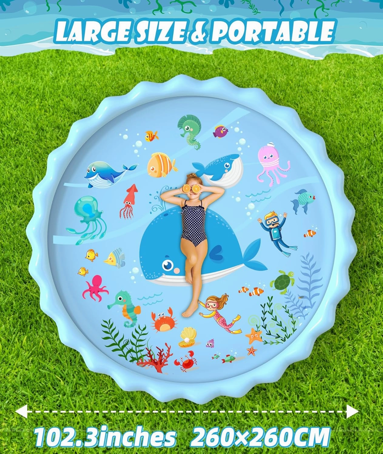 EPN Splash Pad, Extra Large Sprinkler Play Mat Fun for Kids, Thicker Summer Outdoor Water Toys Toddler Pool for 3-12 Years Old Children Boys & Girls (102.3")