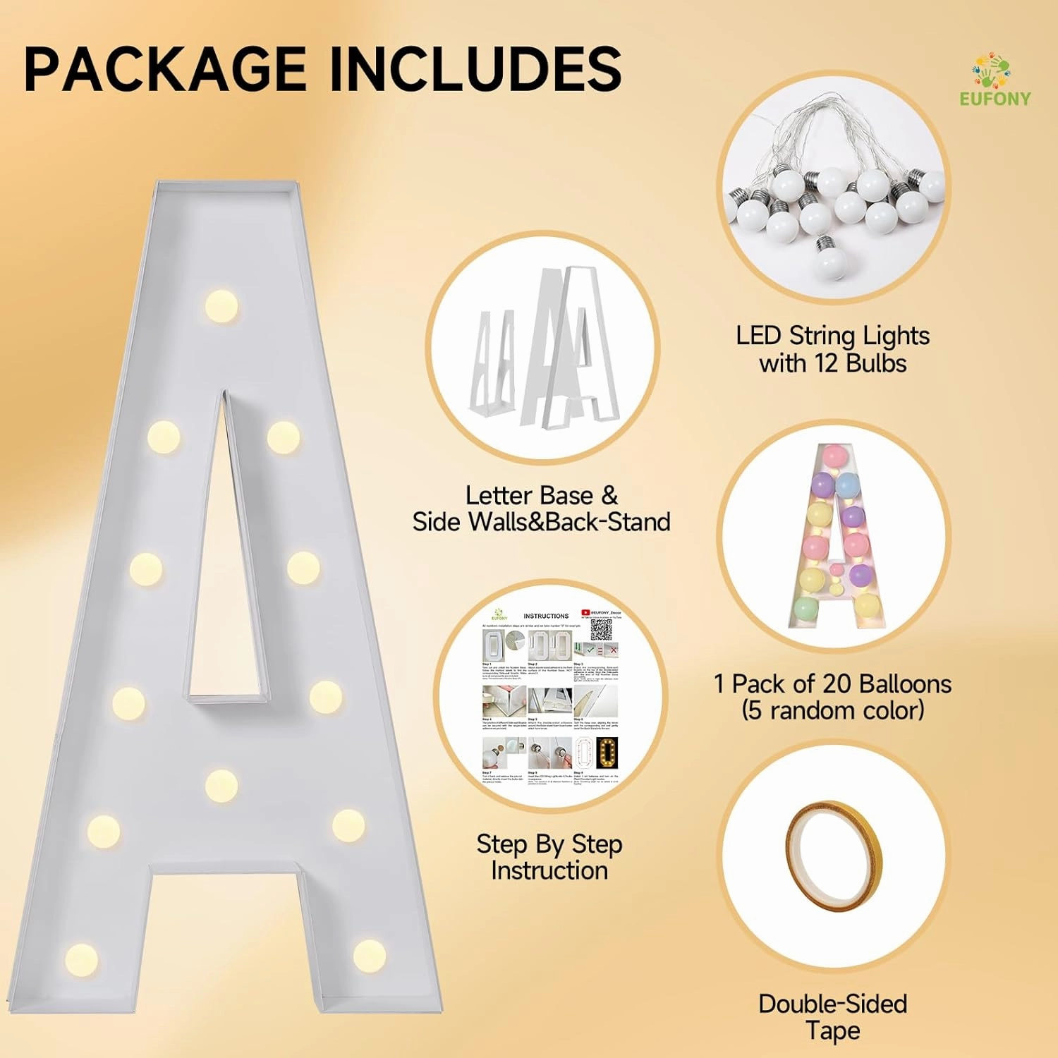 eufony 4FT Marquee Letters - Large Light Up Letter T for Birthday Party, Baby Shower & Anniversary Decor - 4 Feet DIY Kit