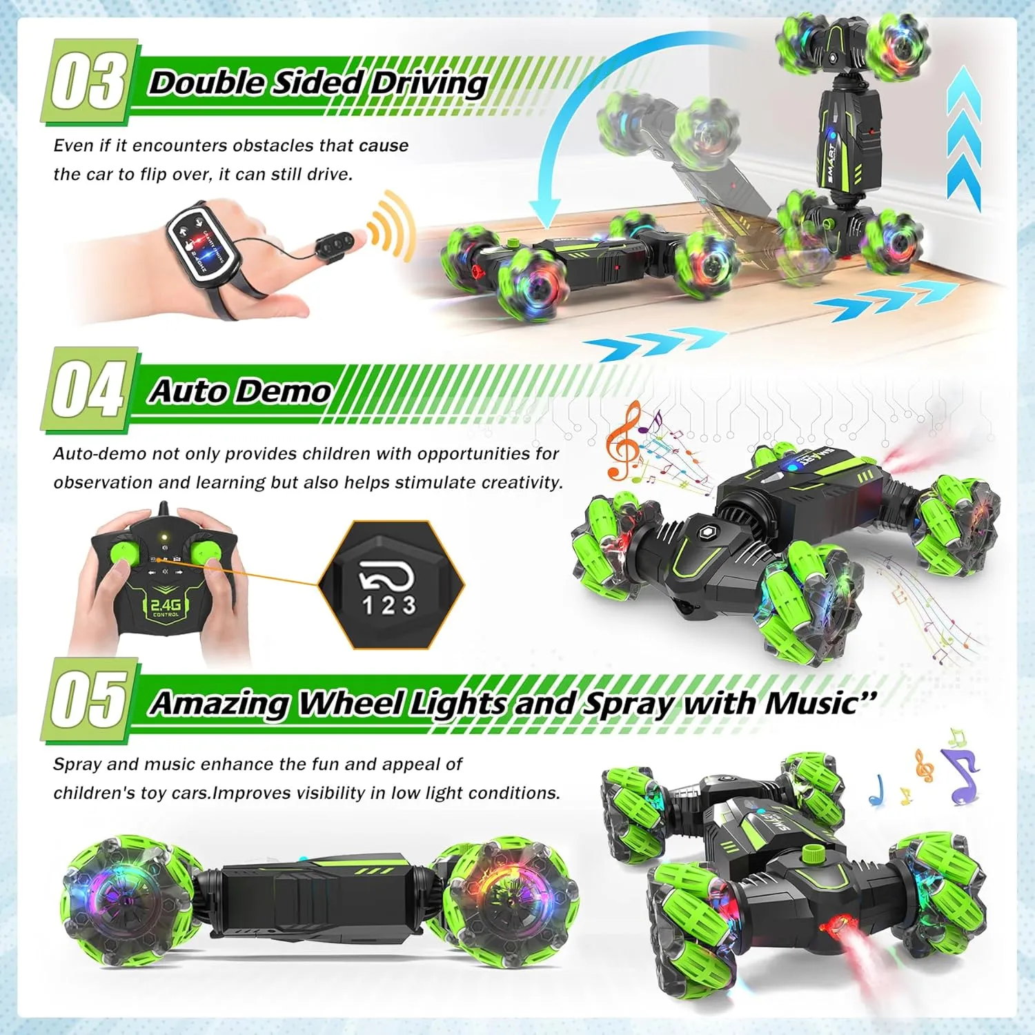 Eulogia Gesture Sensing RC Stunt Car,2.4Ghz RC Car with Spray Effect, 360° Rotate Transform Off-Road Drift RC Cars with Lights Music, Suitable for Kids Over 5  Years Old (s)