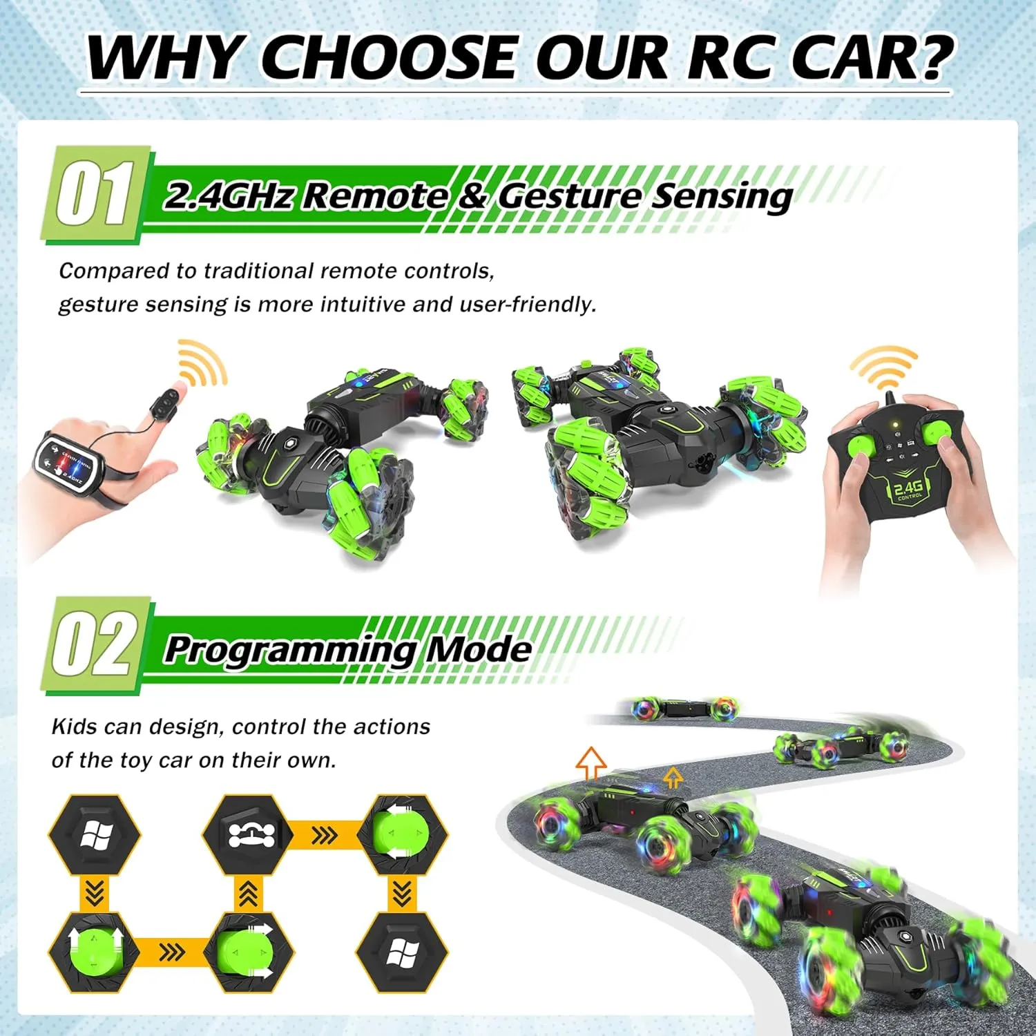 Eulogia Gesture Sensing RC Stunt Car,2.4Ghz RC Car with Spray Effect, 360° Rotate Transform Off-Road Drift RC Cars with Lights Music, Suitable for Kids Over 5  Years Old (s)