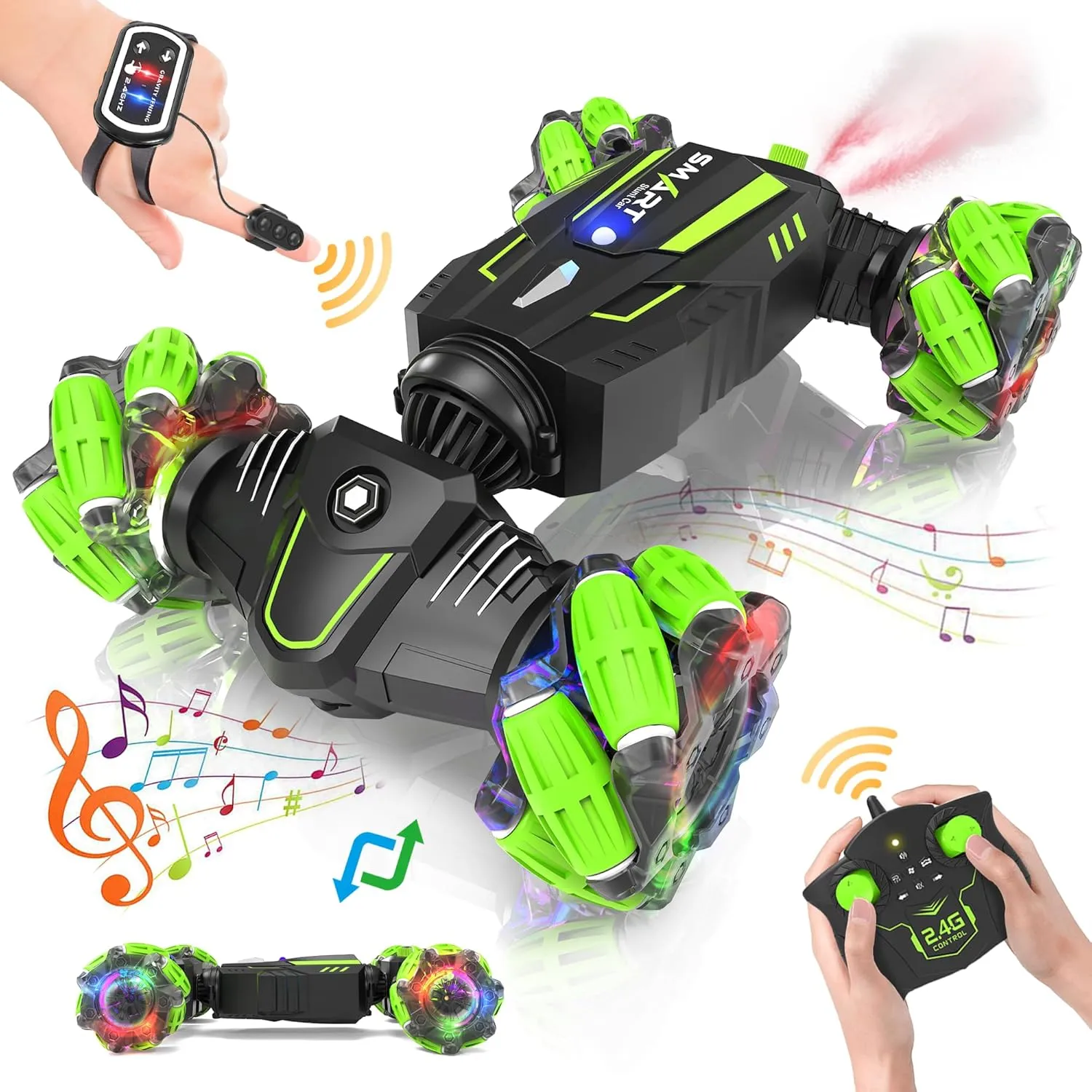 Eulogia Gesture Sensing RC Stunt Car,2.4Ghz RC Car with Spray Effect, 360° Rotate Transform Off-Road Drift RC Cars with Lights Music, Suitable for Kids Over 5  Years Old (s)