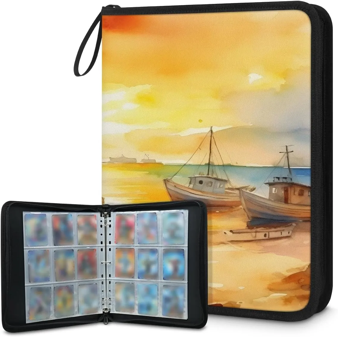 Evening Sailboat 3 Ring Trading Zipper Binder Strap, Trading Card Binder 9 Pocket, 900 Pockets Card Holder with 50 Removable Sleeves for Game Cards