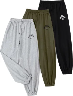 EXARUS 3 Pack Girls Sweatpants Letter Graphic Print with Pockets Sweat Pants High Waisted Cute Joggers 6-14Y