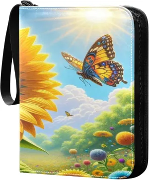 Exnundod 3d Butterfly Sunflower Trading Card Binder for Cards, Colorful Spring Card Album 4-Pockets for 400 Cards with Removable Sleeves PU Baseball Card Holder Football Sports Card Collection