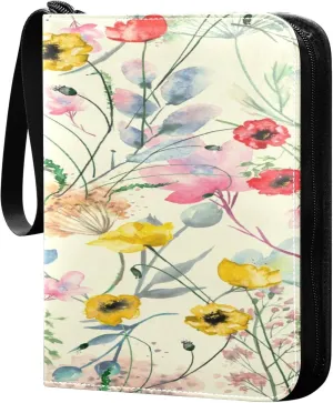 Exnundod 4 Pocket Trading Card Binder Colorful Spring Flower, PU Leather Card Collection Binder Watercolor Poppy 400 Cards Organizer Binder Collectible Trading Card Albums for Sports Game Card