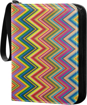 Exnundod 4 Pocket Trading Card Binder Colorful Zig Zag Stripes PU Leather Card Collection Binder Bright 400 Cards Organizer Binder Collectible Trading Card Albums for Sports Game Card