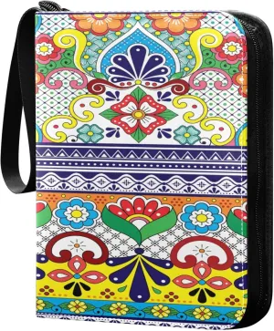 Exnundod 4 Pocket Trading Card Binder Mexican Floral Pattern PU Leather Card Collection Binder Colorful 400 Cards Organizer Binder Collectible Trading Card Albums for Sports Game Card