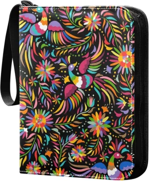 Exnundod 4 Pocket Trading Card Binder Mexico Colorful Bird PU Leather Card Collection Binder Ethnic Pattern 400 Cards Organizer Binder Collectible Trading Card Albums for Sports Game Card