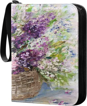 Exnundod 4 Pocket Trading Card Binder Original Oil Painting Of Beautiful Vase Or Bowl Of Fresh Lavender Flowers, PU Leather Card Collection Binder 400 Cards Organizer Binder Collectible Trading Card