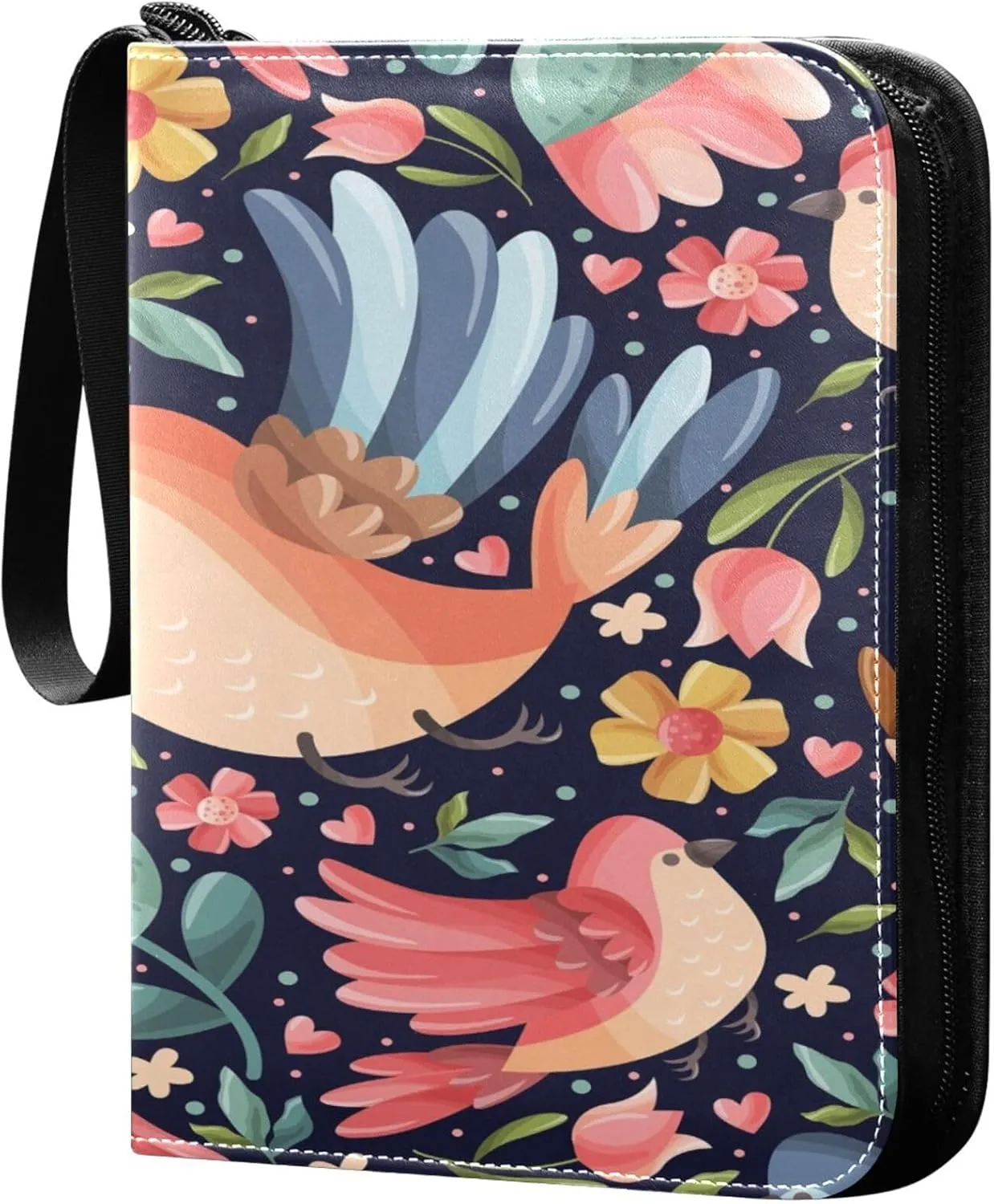 Exnundod 4 Pocket Trading Card Binder Spring Cartoon Birds, PU Leather Card Collection Binder Unique Flowers Colorful 400 Cards Organizer Binder Collectible Trading Card Albums for Sports Game Card