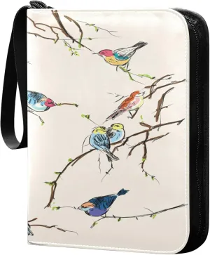 Exnundod 4 Pocket Trading Card Binder Spring Colorful Birds, PU Leather Card Collection Binder Watercolor 400 Cards Organizer Binder Collectible Trading Card Albums for Sports Game Card