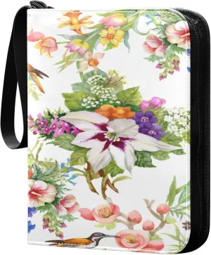 Exnundod 4 Pocket Trading Card Binder Spring Colorful Flower Birds, PU Leather Card Collection Binder Wild Lovely Floral 400 Cards Organizer Binder Collectible Trading Card Albums for Sports Game Car
