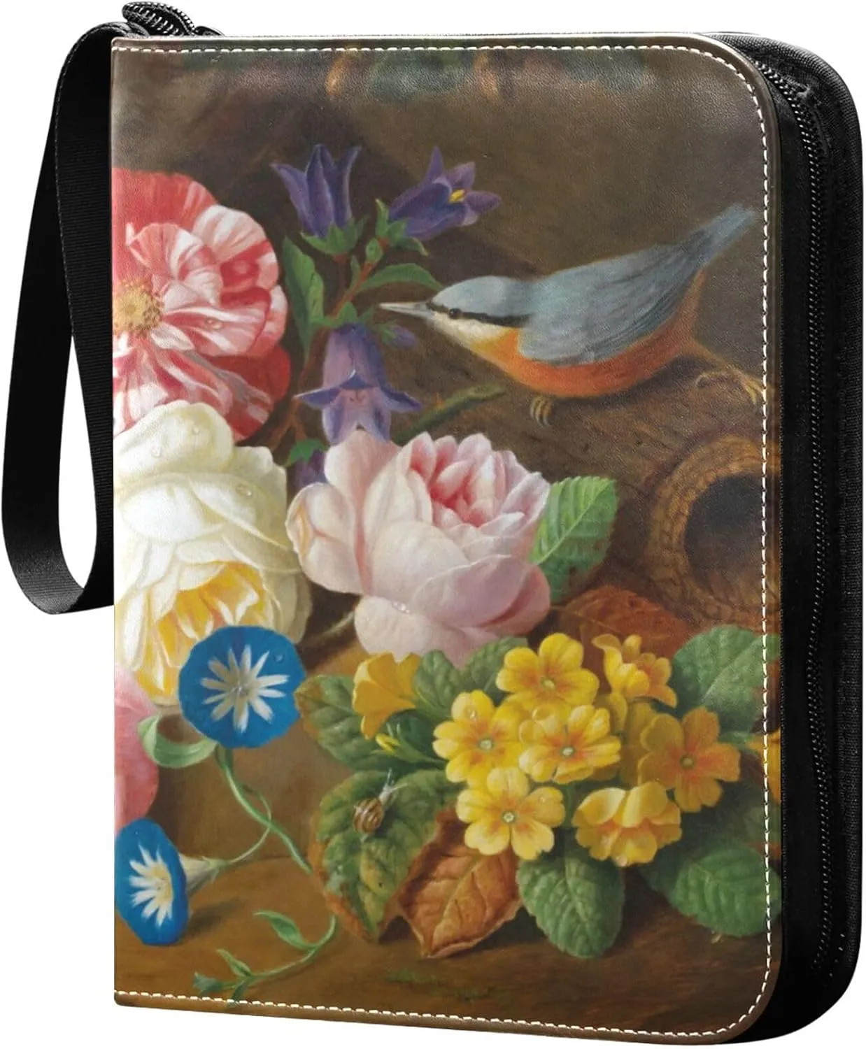 Exnundod 4 Pocket Trading Card Binder Spring Tulips Roses, PU Leather Card Collection Binder Colorful Flower 400 Cards Organizer Binder Collectible Trading Card Albums for Sports Game Card