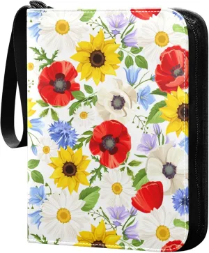 Exnundod 4 Pocket Trading Card Binder Sunflowers Poppies Daisies PU Leather Card Collection Binder Colorful Flowers 400 Cards Organizer Binder Collectible Trading Card Albums for Sports Game Card