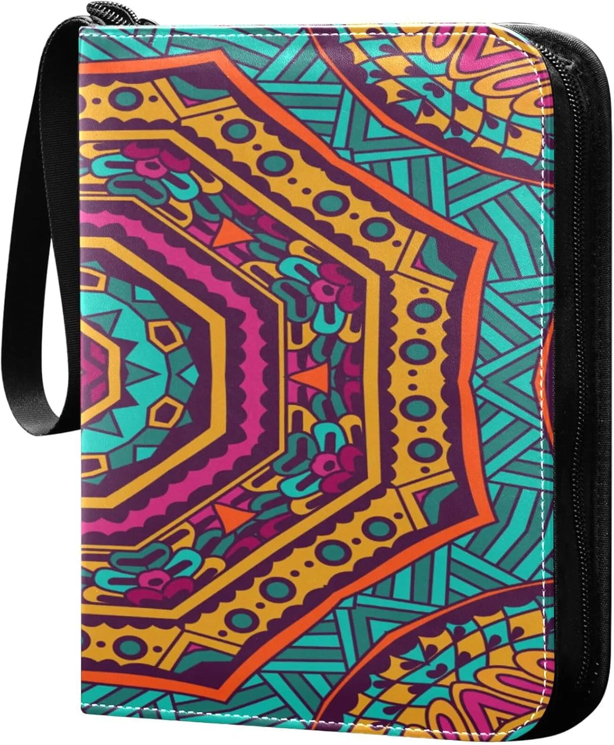 Exnundod Abstract Colorful Mandala Trading Card Binder for Cards, Ethnic Ethnic Tribal Style Card Album 4-Pockets for 400 Cards with Removable Sleeves PU Baseball Card Holder Football