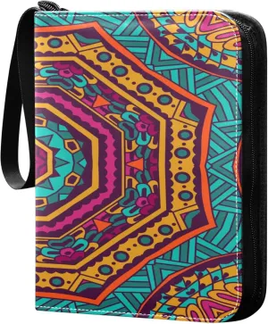 Exnundod Abstract Colorful Mandala Trading Card Binder for Cards, Ethnic Ethnic Tribal Style Card Album 4-Pockets for 400 Cards with Removable Sleeves PU Baseball Card Holder Football