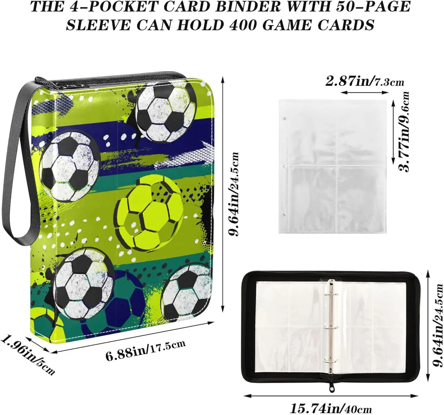 Exnundod Abstract Colorful Soccer Ball Trading Card Binder for Cards, Card Album 4-Pockets for 400 Cards with Removable Sleeves PU Baseball Card Holder Football Sports Card Collection