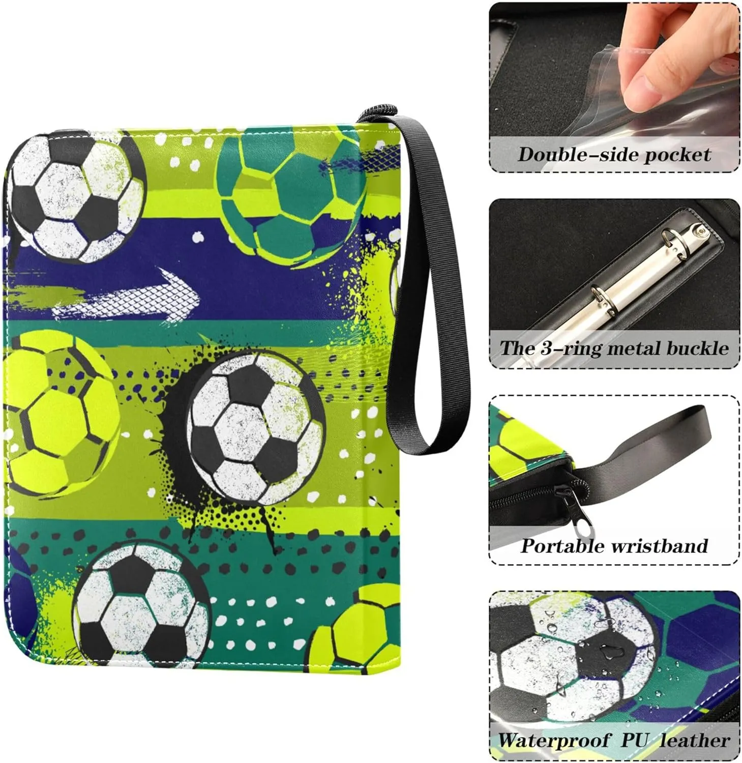Exnundod Abstract Colorful Soccer Ball Trading Card Binder for Cards, Card Album 4-Pockets for 400 Cards with Removable Sleeves PU Baseball Card Holder Football Sports Card Collection