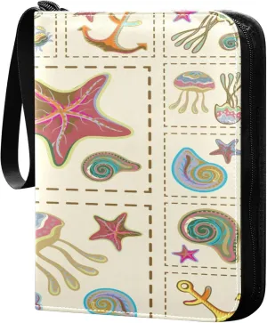 Exnundod Colorful Marine Theme Trading Card Binder for Cards, Starfish Jellyfish Sports Card Binder Card Album 4-Pockets for 400 Cards PU Baseball Football Game Cards Collection