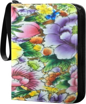 Exnundod Colorful Peach Flowers Trading Card Binder for Cards, Ethnic Card Album 4-Pockets for 400 Cards with Removable Sleeves PU Baseball Card Holder Football Sports Card Collection