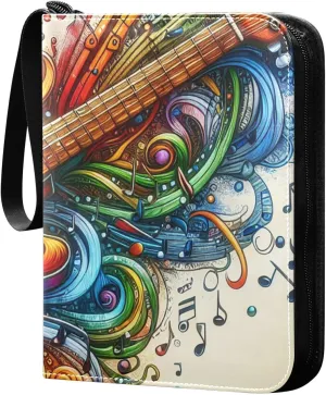 Exnundod Colorful Rock Guitar Trading Card Binder for Cards, Music Notes Card Album 4-Pockets for 400 Cards with Removable Sleeves PU Baseball Card Holder Football Sports Card Collection