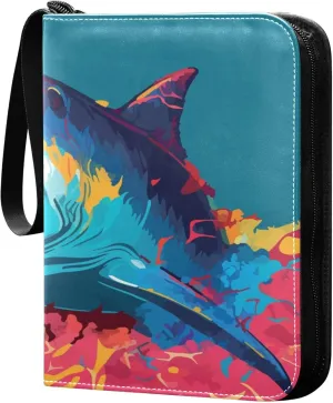 Exnundod Colorful Shark Trading Card Binder for Cards, Pop Art Card Album 4-Pockets for 400 Cards with Removable Sleeves PU Baseball Card Holder Football Sports Card Collection