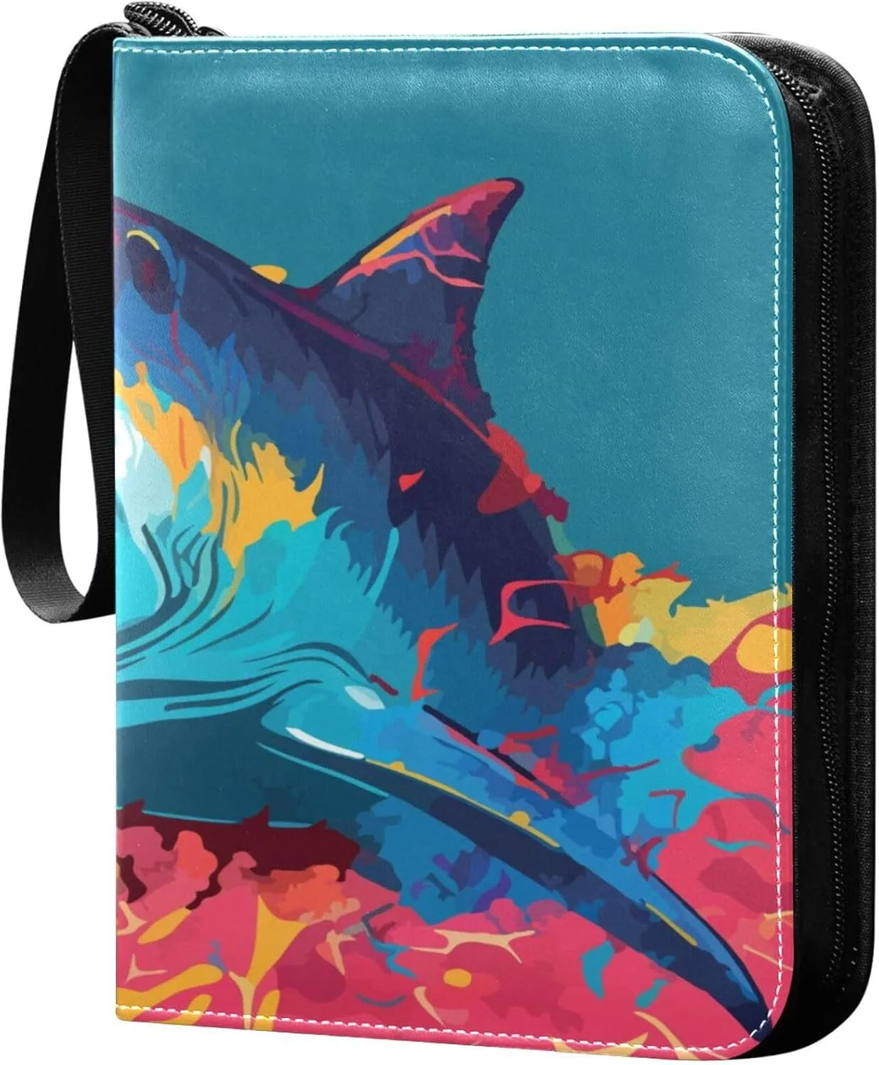 Exnundod Colorful Shark Trading Card Binder for Cards, Pop Art Card Album 4-Pockets for 400 Cards with Removable Sleeves PU Baseball Card Holder Football Sports Card Collection