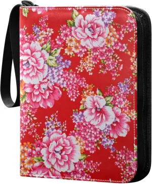 Exnundod Colorful Traditional Floral Pattern Trading Card Binder for Cards, Card Album 4-Pockets for 400 Cards with Removable Sleeves PU Baseball Card Holder Football Sports Card Collection