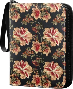 Exnundod Embroidery Floral Colorful Trading Card Binder for Cards, Vintage Flower Card Album 4-Pockets for 400 Cards with Removable Sleeves PU Baseball Card Holder Football Sports Card Collection
