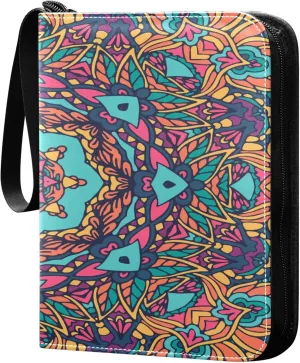 Exnundod Mexican Ethnic Flower Trading Card Binder for Cards, Ethnic Ethnic Colorful Ornament Card Album 4-Pockets for 400 Cards with Removable Sleeves PU Baseball Card Holder Football
