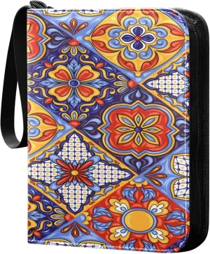 Exnundod Mexican Talavera Colorful Trading Card Binder for Cards, Ethnic Ethnic Folk Art Card Album 4-Pockets for 400 Cards with Removable Sleeves PU Baseball Card Holder Football Spor