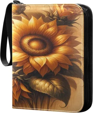 Exnundod Oil Painting Sunflowers Trading Card Binder for Cards, Artistic Spring Floral Card Album 4-Pockets for 400 Cards with Removable Sleeves PU Baseball Card Holder Football Sports Card Collectio