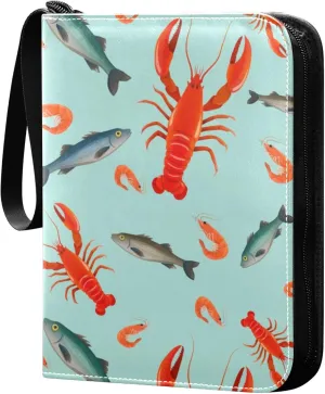 Exnundod Sport Card Binder Lobster Sea Food 4 Pocket Trading Card Binder PU Leather Card Collection Fishes 400 Cards Organizer Trading Card Albums for Sports Game Card