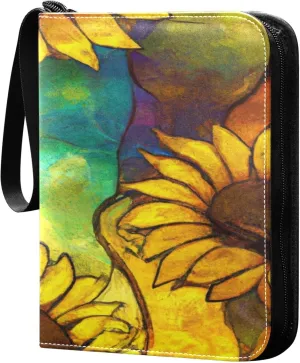 Exnundod Stained Glass Sunflowers Trading Card Binder for Cards, Oil Painting Artistic Card Album 4-Pockets for 400 Cards with Removable Sleeves PU Baseball Card Holder Football Sports Card Collectio
