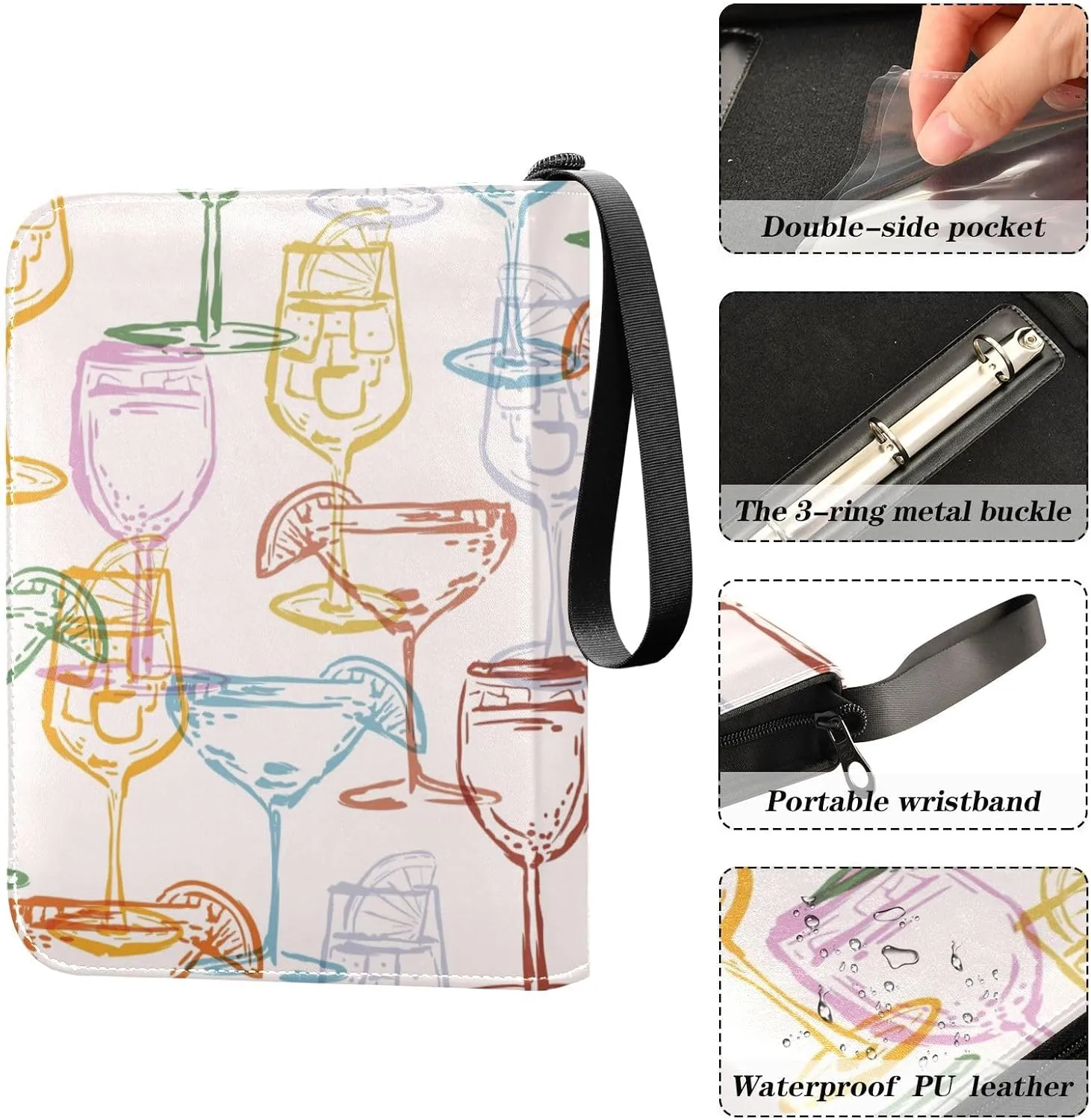 Exnundod Trading Card Binder for Cards Doodles Cocktail Pattern Card Album 4-Pockets 400 Cards Colorful Removable Sleeves PU Baseball Card Holder Football Sports Card Collection
