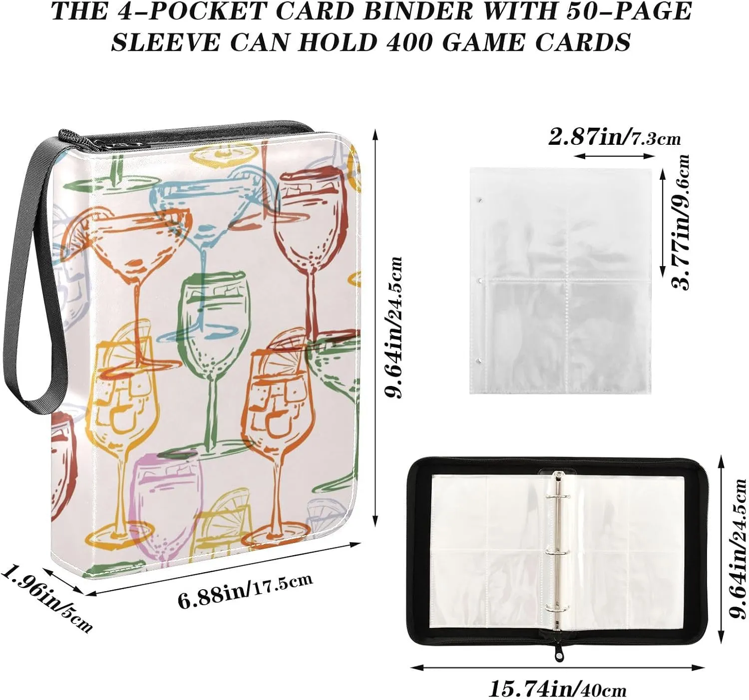 Exnundod Trading Card Binder for Cards Doodles Cocktail Pattern Card Album 4-Pockets 400 Cards Colorful Removable Sleeves PU Baseball Card Holder Football Sports Card Collection