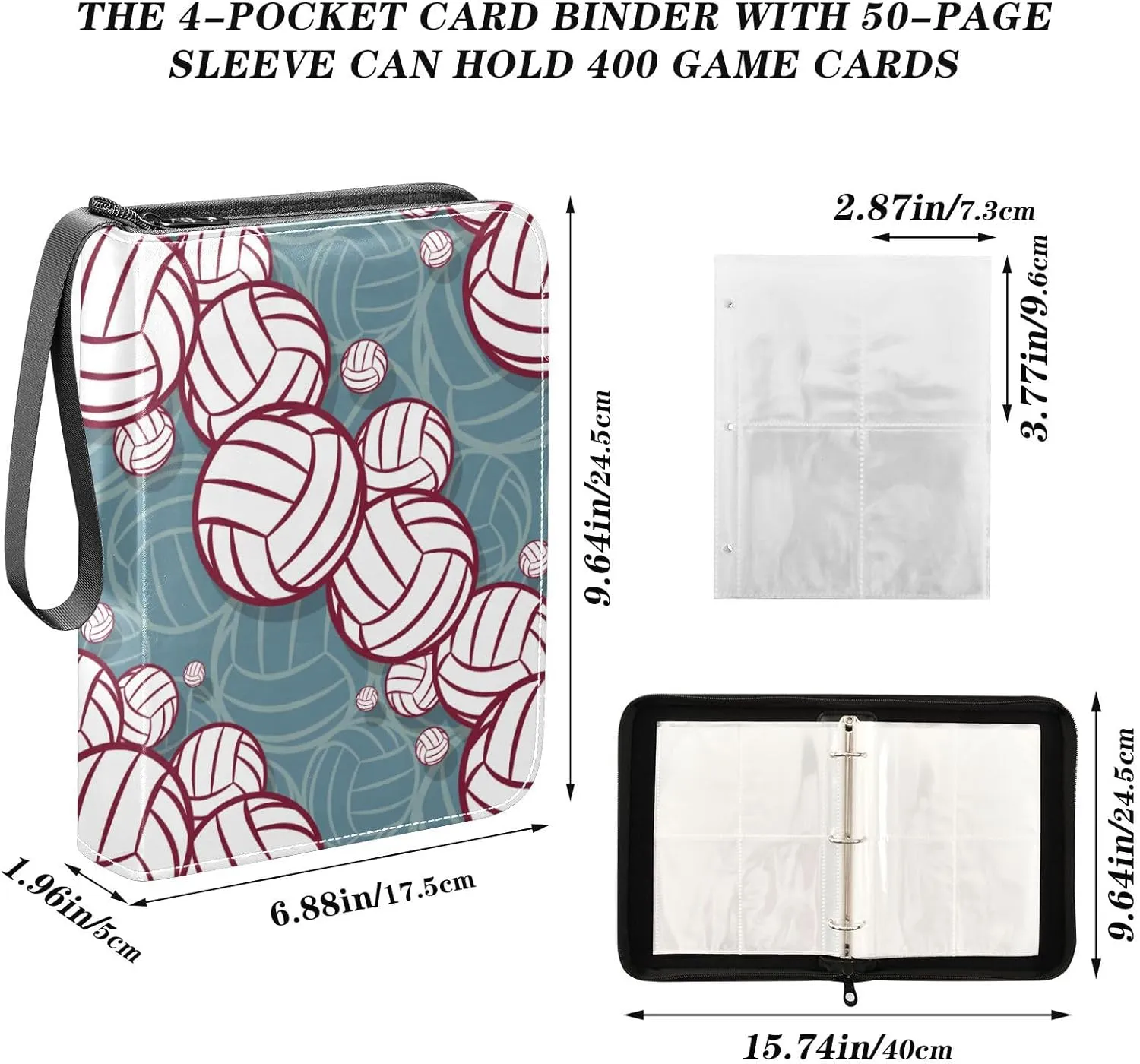 Exnundod Trading Card Binder for Cards Volleyball Ball Symbol Card Album 4-Pockets 400 Cards Removable Sleeves PU Baseball Card Holder Football Sports Card Collection