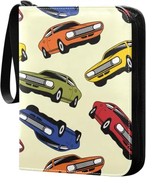 Exnundod Vintage Colorful Car Pattern Trading Card Binder for Cards Card Album 4-Pockets 400 Cards Removable Sleeves PU Baseball Card Holder Football Sports Card Collection