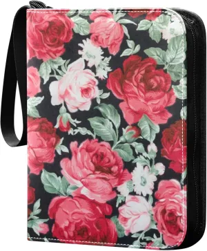 Exnundod Vintage Red Rose Trading Card Binder for Cards, Colorful Card Album 4-Pockets for 400 Cards with Removable Sleeves PU Baseball Card Holder Football Sports Card Collection