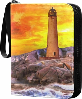 Exnundod 4 Pocket Trading Card Binder Sea Sunset Lighthouse PU Leather Card Collection Binder Oil Painting Sports Card Binder 400 Cards Organizer Binder Collectible Trading Card Albums