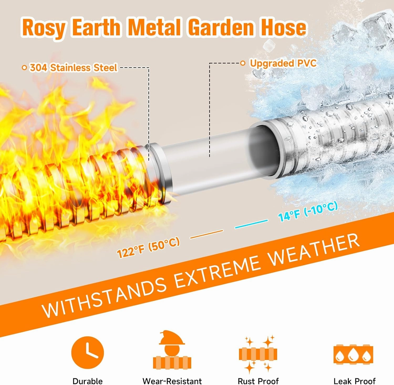 Expandable Metal Garden Hose 50 FT - 304 Stainless Steel Water Hose 50 FT - Lightweight non Kinking Flexible Garden Hose, no Bite