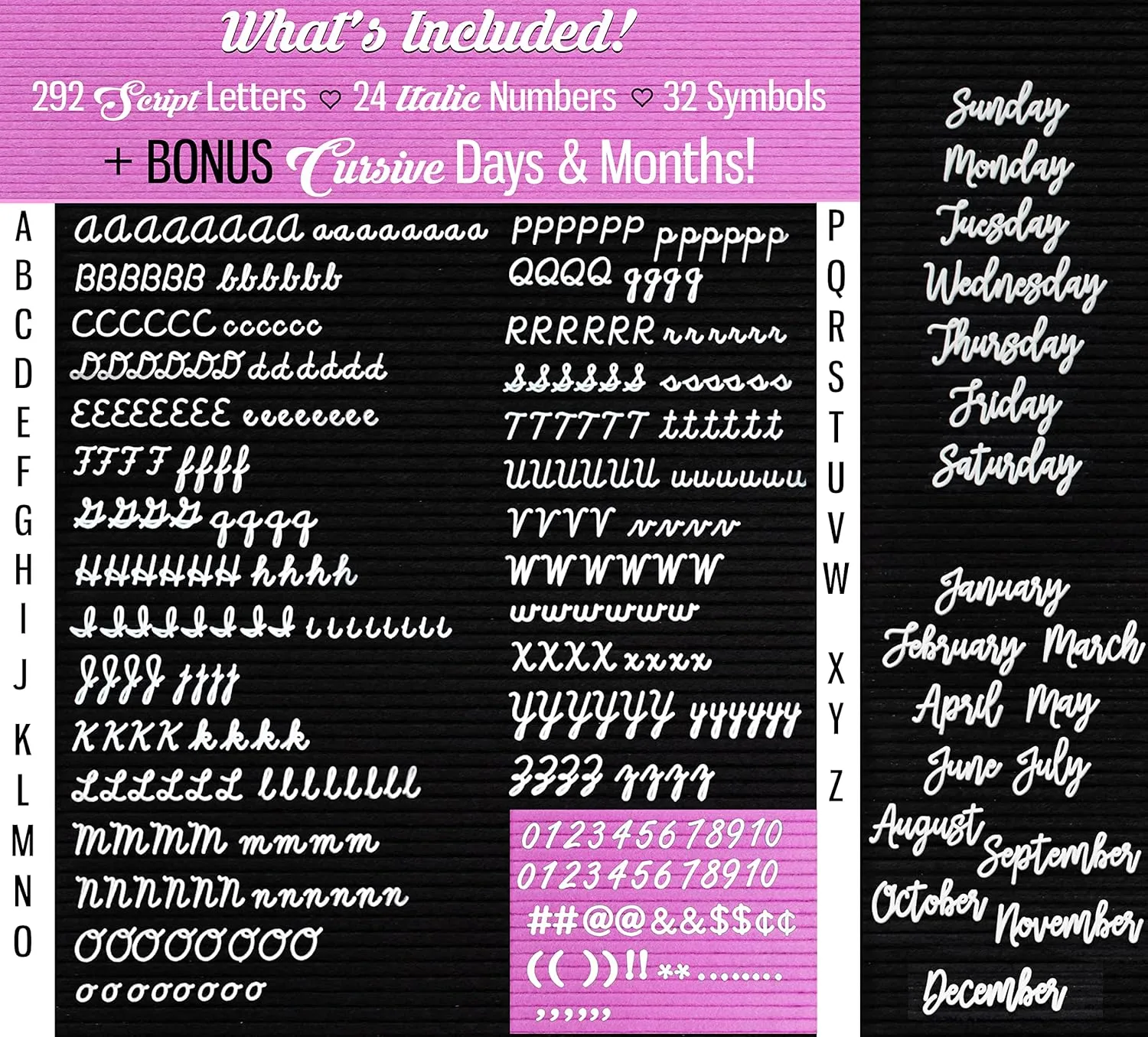 Extra Cursive Letter Set by Felt Creative Home Goods | Set of Script Alphabet Letters, Numbers, Punctuation Over 375 Pieces Extra Bold Plus Cursive Months Days - Board NOT Included