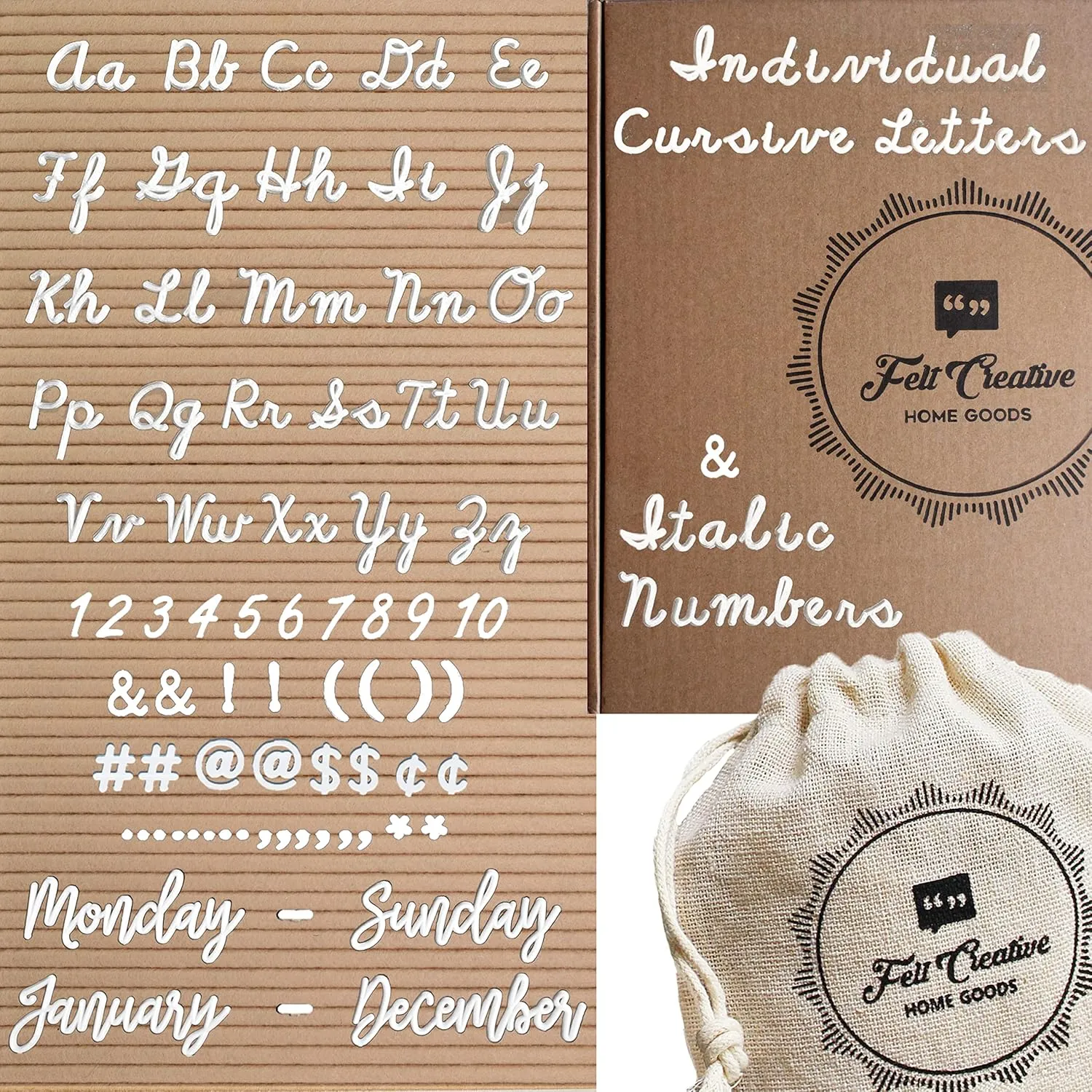 Extra Cursive Letter Set by Felt Creative Home Goods | Set of Script Alphabet Letters, Numbers, Punctuation Over 375 Pieces Extra Bold Plus Cursive Months Days - Board NOT Included