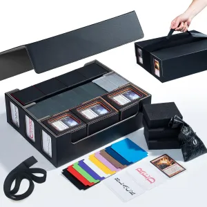 Extra Large Card Storage Box Holds 3600  Cards Compatible with 12 Small Deck Boxes, Includes Cthulhu Dice Bag, 10 Colorful Dividers, 4 Protective Foam Pads, Perfect for MTG （Black）