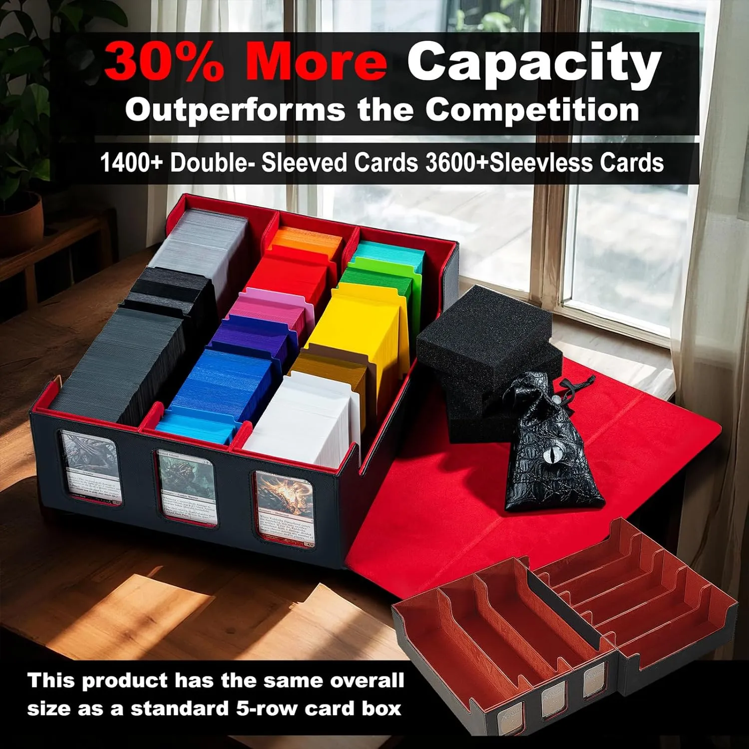 Extra Large Card Storage Box Holds 3600  Cards Compatible with 12 Small Deck Boxes, Includes Cthulhu Dice Bag, 10 Colorful Dividers, 4 Protective Foam Pads, Perfect for MTG （Black）