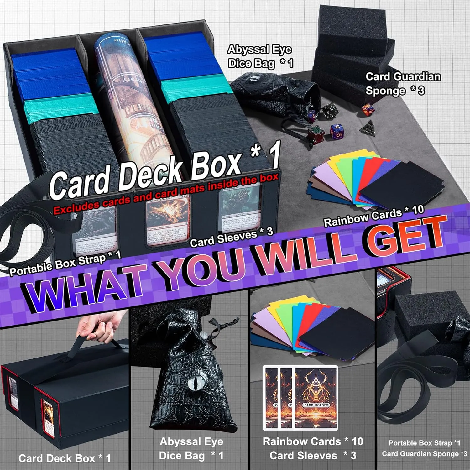 Extra Large Card Storage Box Holds 3600  Cards Compatible with 12 Small Deck Boxes, Includes Cthulhu Dice Bag, 10 Colorful Dividers, 4 Protective Foam Pads, Perfect for MTG （Black）